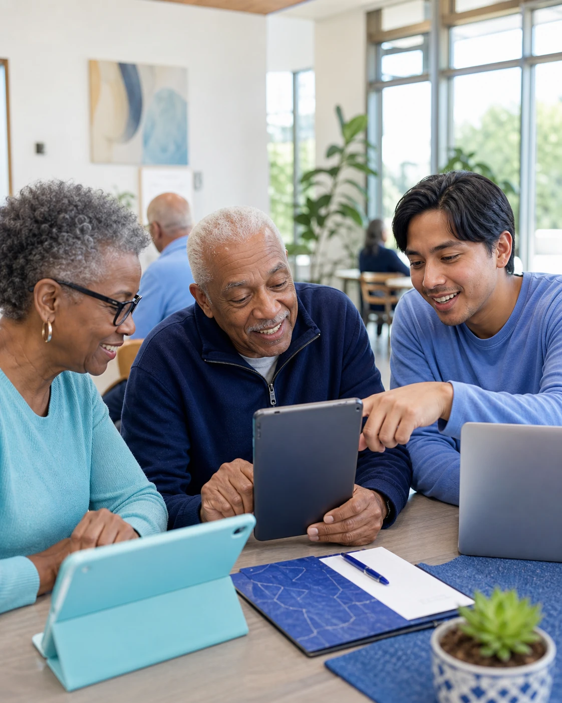 Two Seasoned Adults learning to use a tablet with a Tech Navigator.