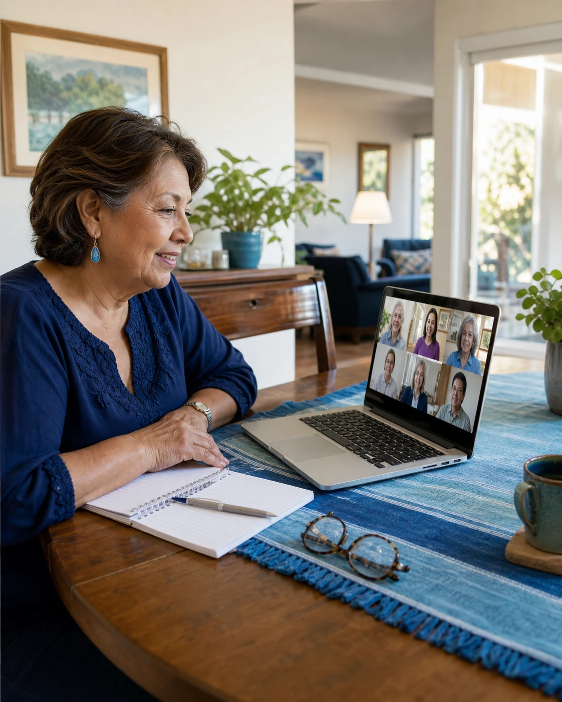 A Seasoned Adult taking notes during a live online group session.