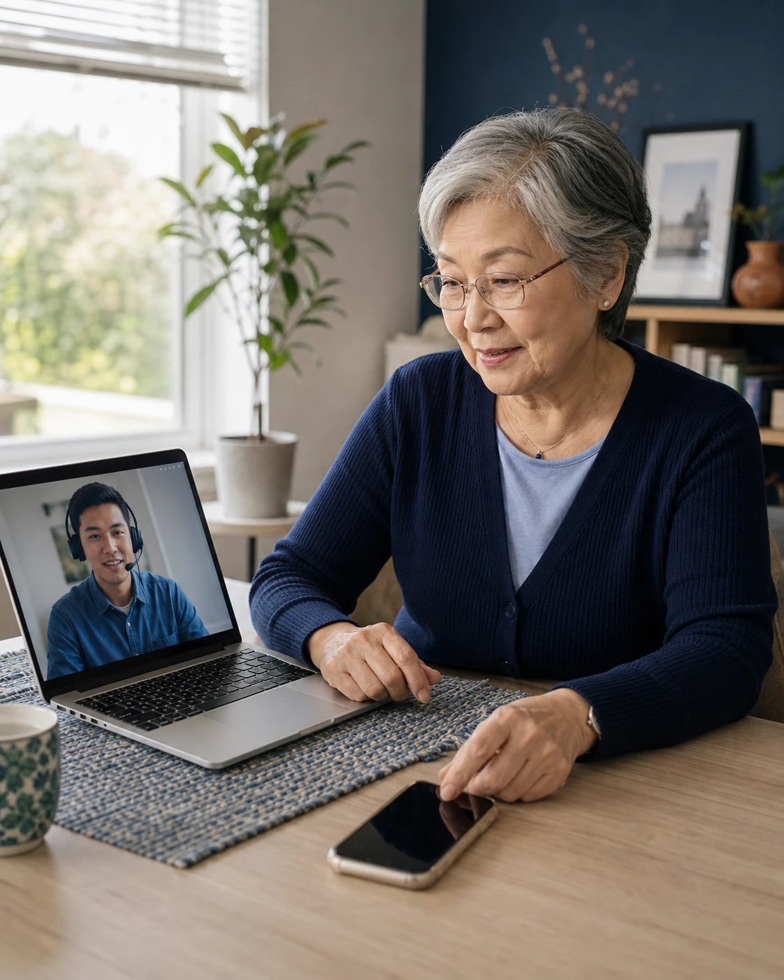 A Seasoned Adult getting one-to-one help with her phone by video call.