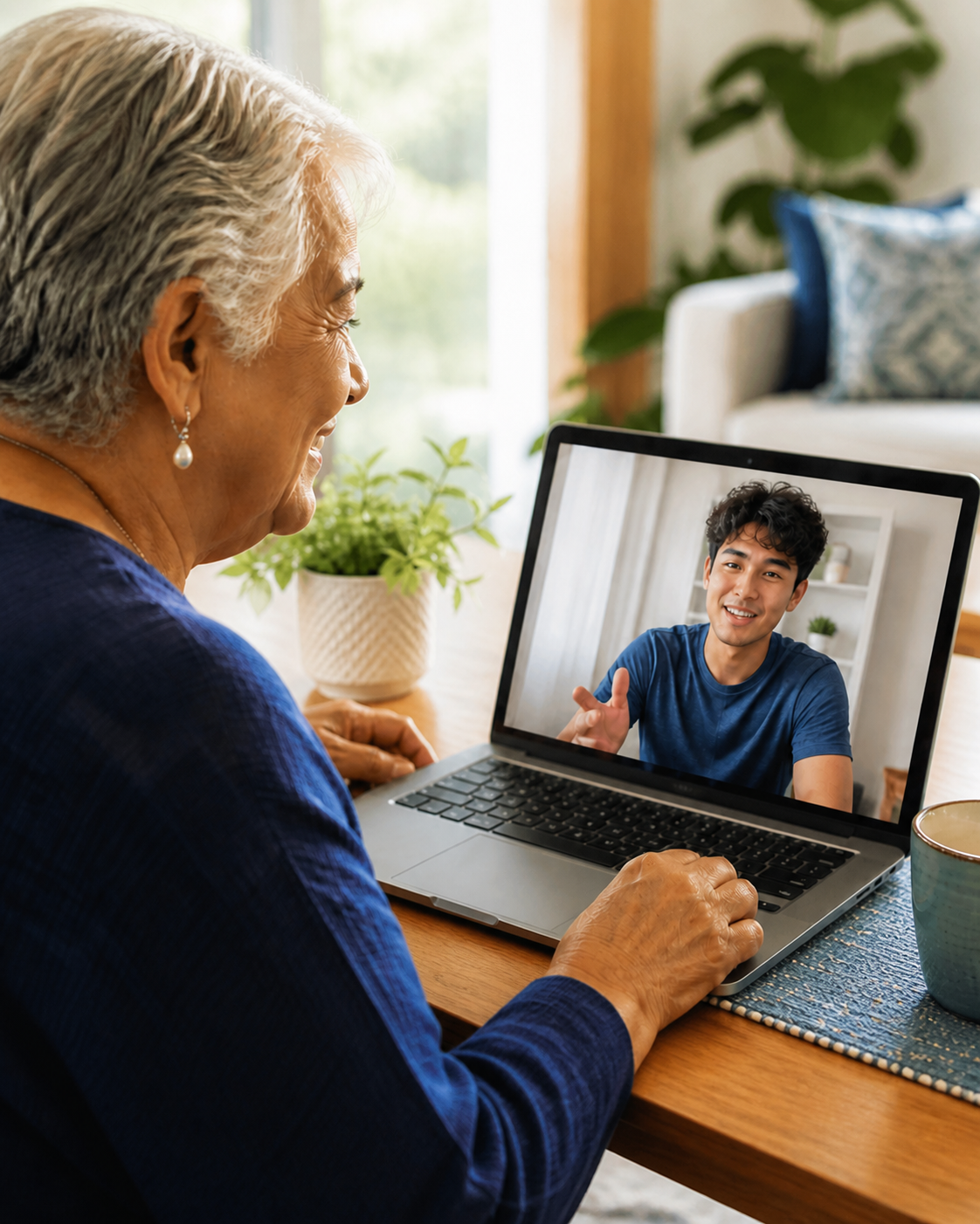 A Seasoned Adult on a laptop video call with a teen Tech Navigator.